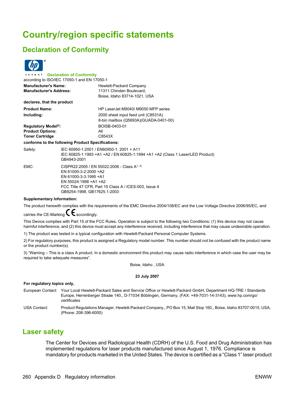 Country/region specific statements, Declaration of conformity, Laser safety | Declaration of conformity laser safety | HP LaserJet M9040M9050 Multifunction Printer series User Manual | Page 274 / 288