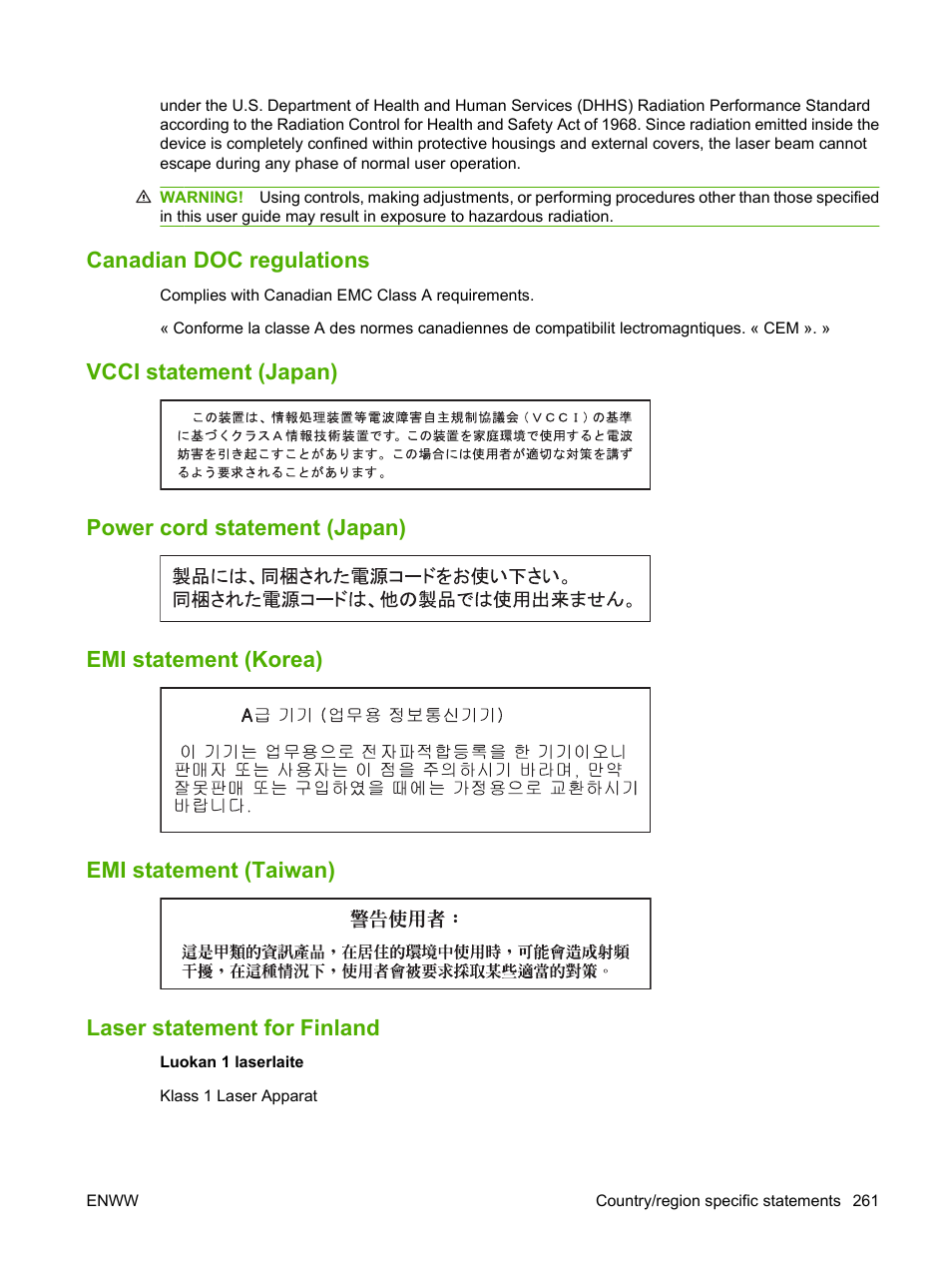 Canadian doc regulations, Vcci statement (japan), Power cord statement (japan) | Emi statement (korea), Emi statement (taiwan), Laser statement for finland | HP LaserJet M9040M9050 Multifunction Printer series User Manual | Page 275 / 288