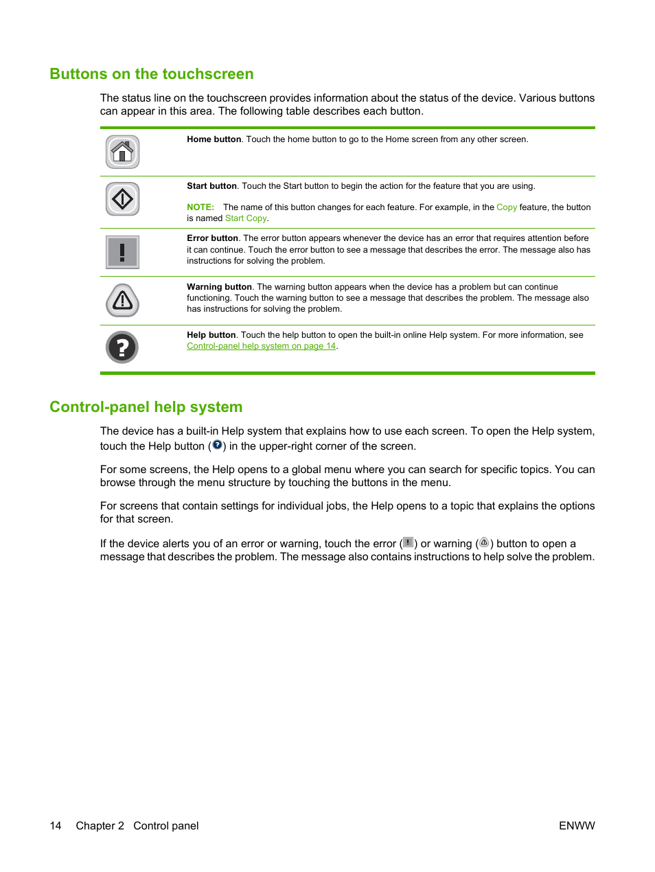 Buttons on the touchscreen, Control-panel help system | HP LaserJet M9040M9050 Multifunction Printer series User Manual | Page 28 / 288