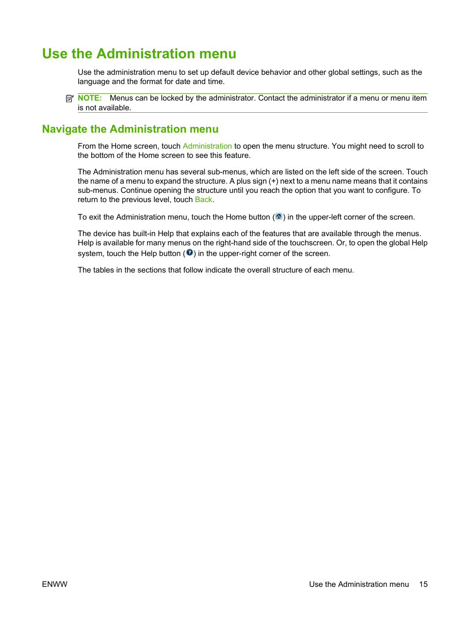 Use the administration menu, Navigate the administration menu | HP LaserJet M9040M9050 Multifunction Printer series User Manual | Page 29 / 288