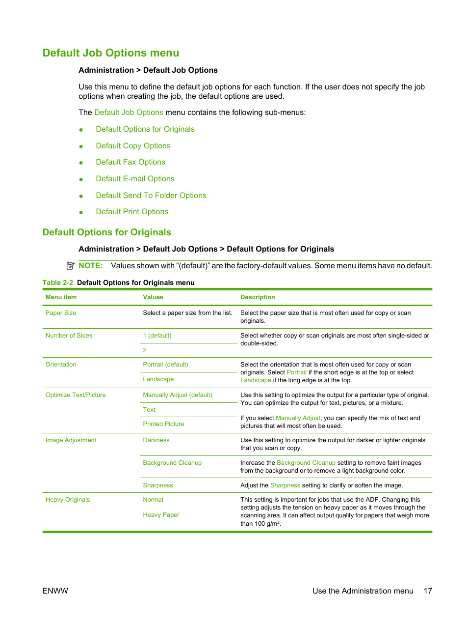 Default job options menu, Default options for originals | HP LaserJet M9040M9050 Multifunction Printer series User Manual | Page 31 / 288