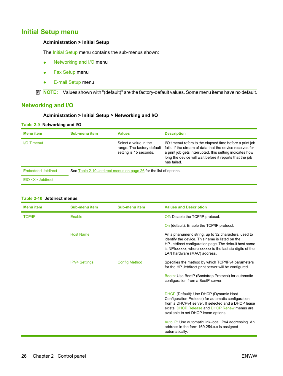 Initial setup menu, Networking and i/o | HP LaserJet M9040M9050 Multifunction Printer series User Manual | Page 40 / 288