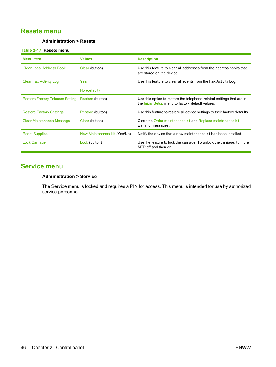 Resets menu, Service menu, Resets menu service menu | HP LaserJet M9040M9050 Multifunction Printer series User Manual | Page 60 / 288