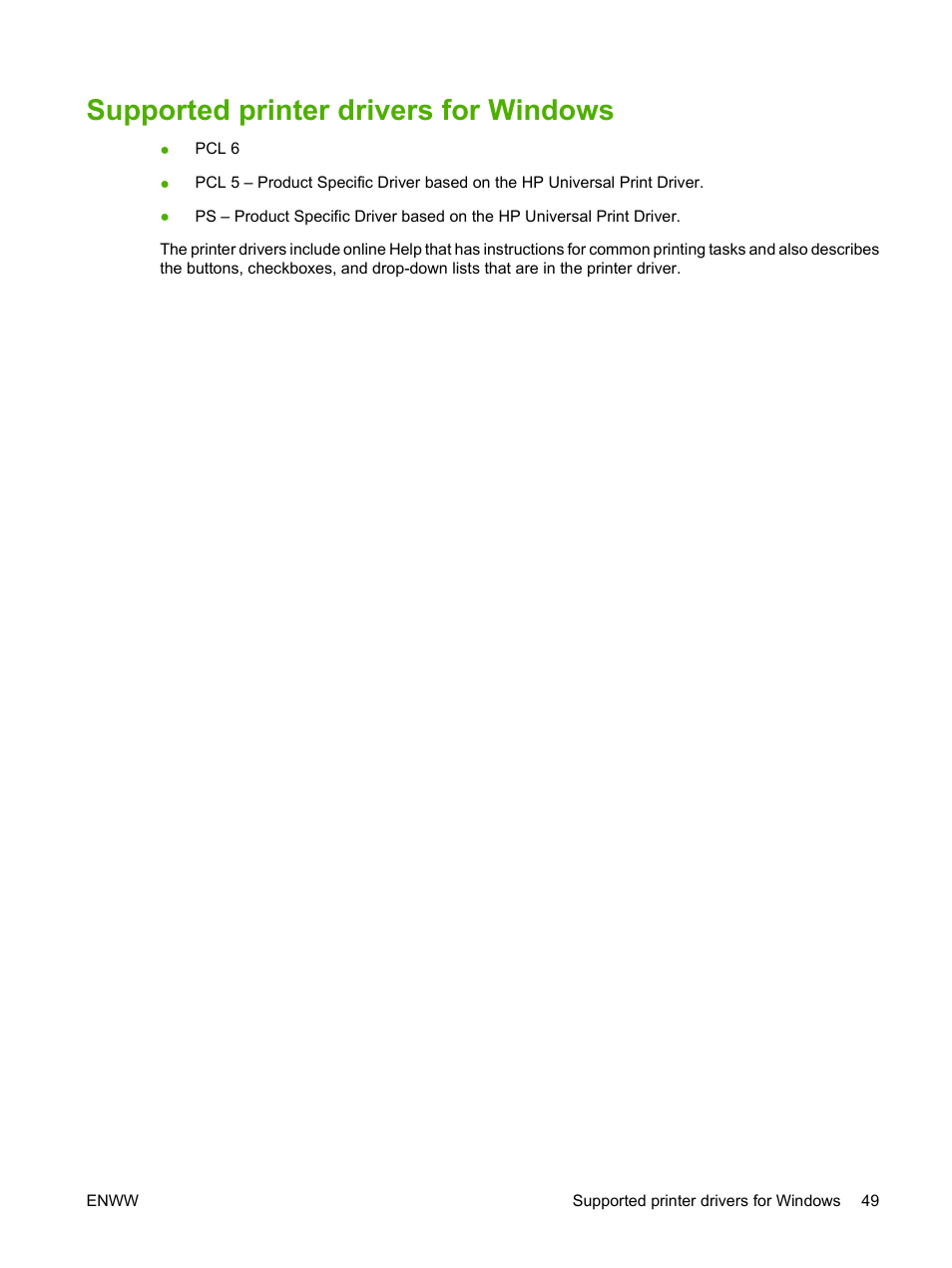 Supported printer drivers for windows | HP LaserJet M9040M9050 Multifunction Printer series User Manual | Page 63 / 288