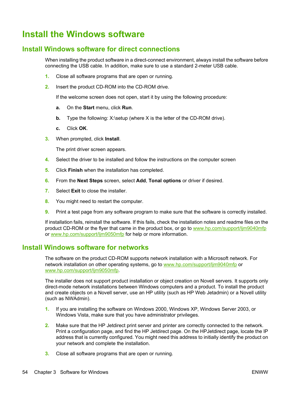 Install the windows software, Install windows software for direct connections, Install windows software for networks | HP LaserJet M9040M9050 Multifunction Printer series User Manual | Page 68 / 288