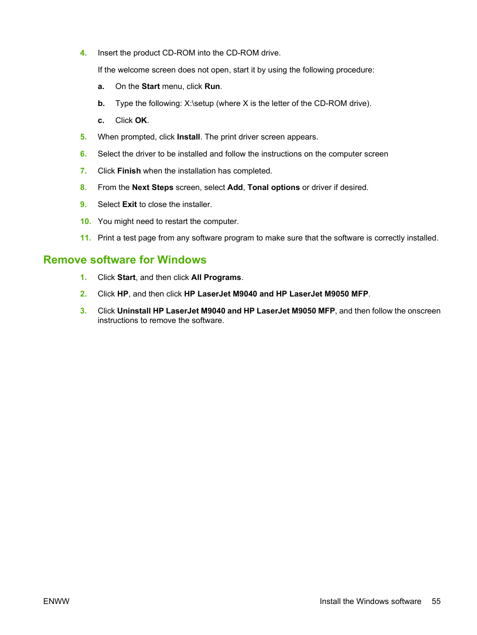 Remove software for windows | HP LaserJet M9040M9050 Multifunction Printer series User Manual | Page 69 / 288