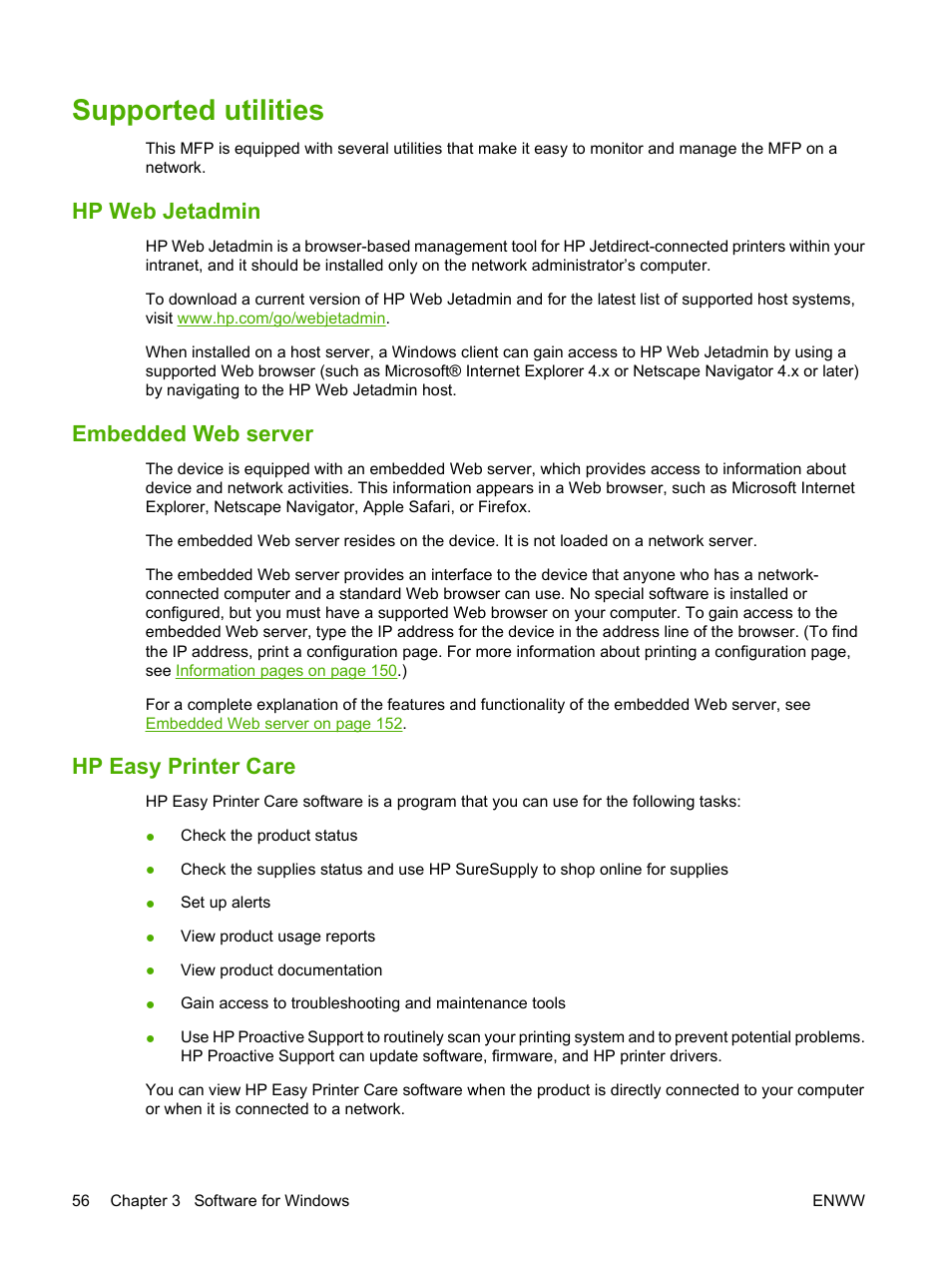 Supported utilities, Hp web jetadmin, Embedded web server | Hp easy printer care | HP LaserJet M9040M9050 Multifunction Printer series User Manual | Page 70 / 288