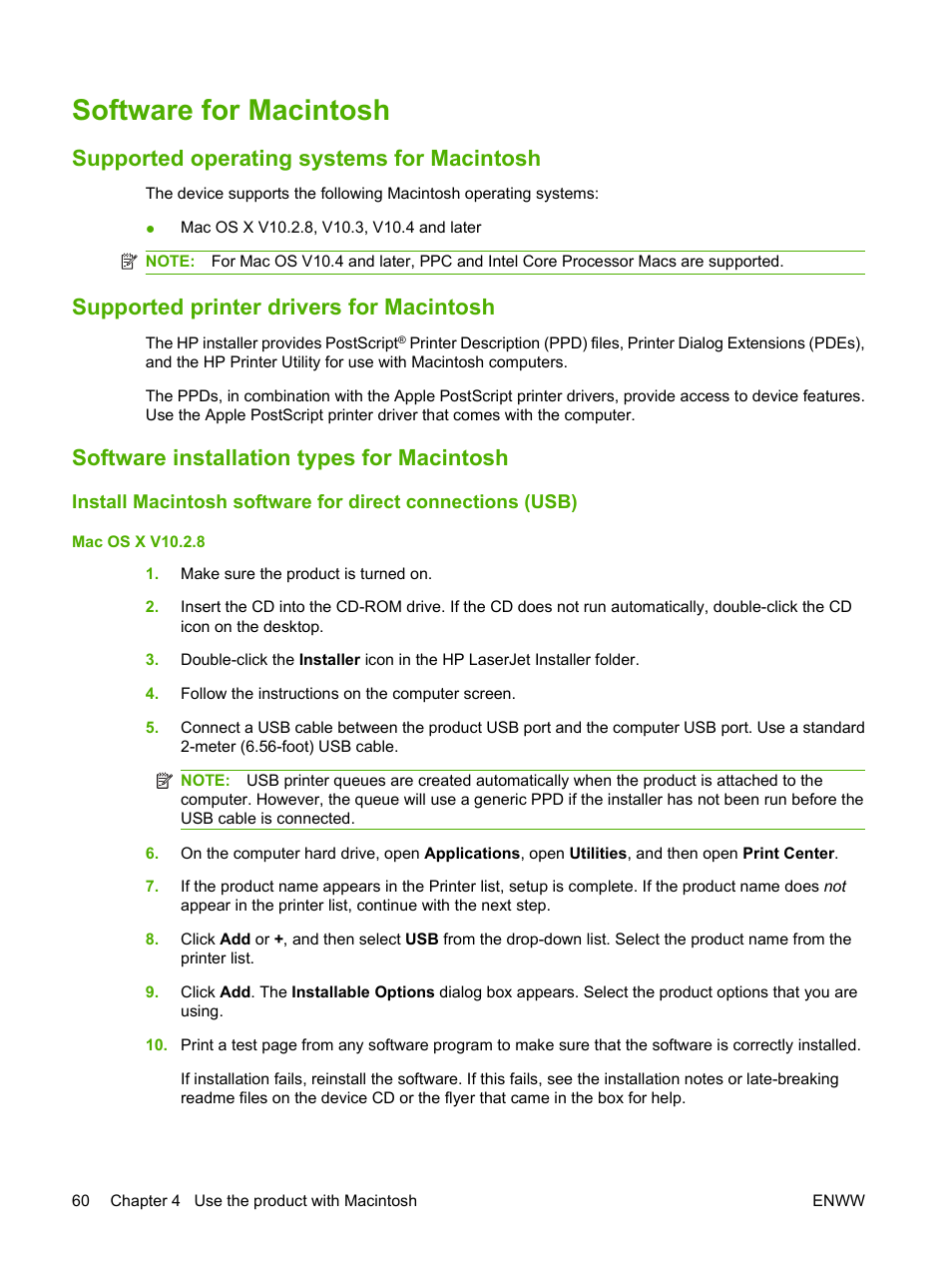 Software for macintosh, Supported operating systems for macintosh, Supported printer drivers for macintosh | Software installation types for macintosh | HP LaserJet M9040M9050 Multifunction Printer series User Manual | Page 74 / 288