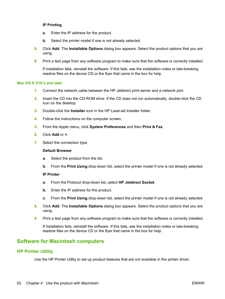 Software for macintosh computers, Hp printer utility | HP LaserJet M9040M9050 Multifunction Printer series User Manual | Page 76 / 288