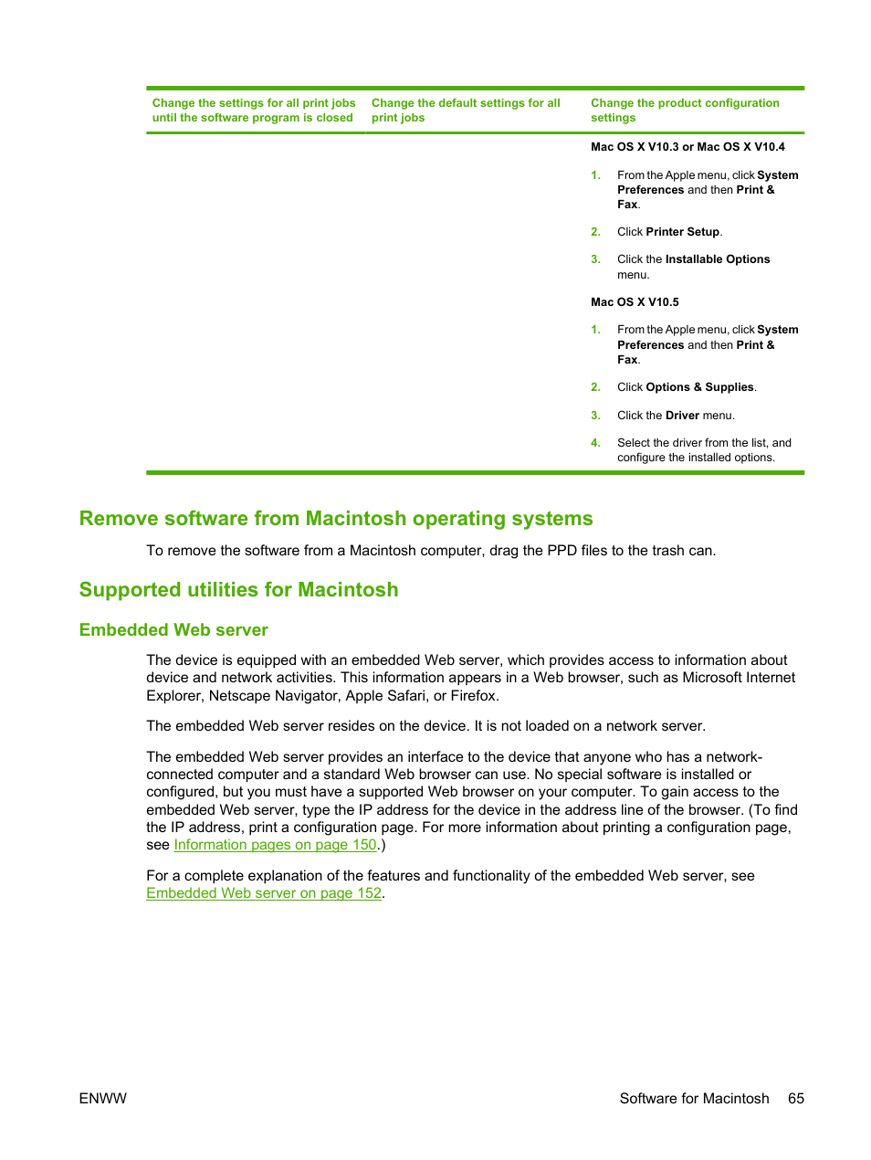 Remove software from macintosh operating systems, Supported utilities for macintosh, Embedded web server | HP LaserJet M9040M9050 Multifunction Printer series User Manual | Page 79 / 288