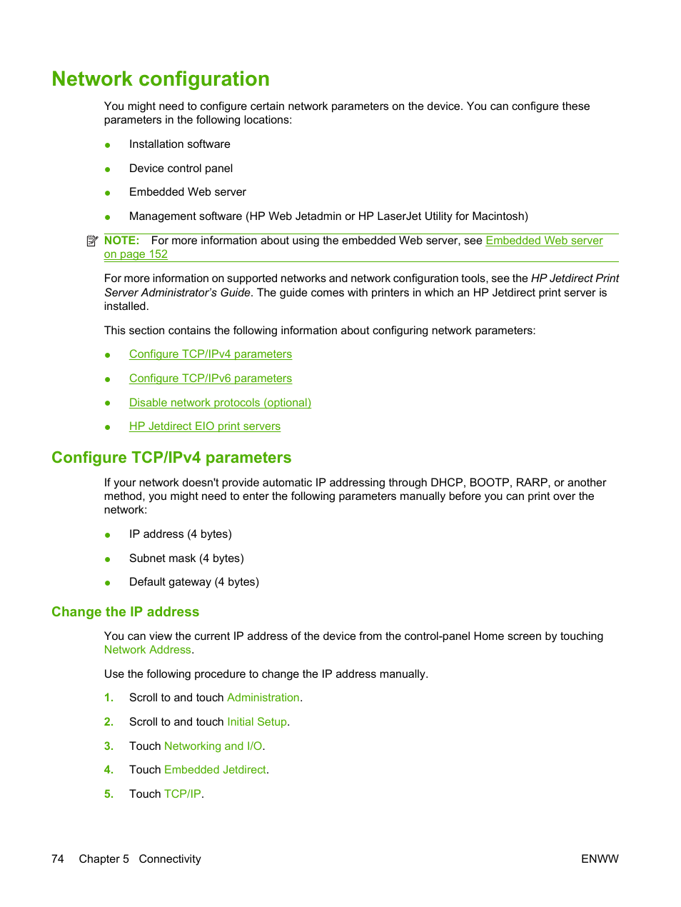 Network configuration, Configure tcp/ipv4 parameters, Change the ip address | HP LaserJet M9040M9050 Multifunction Printer series User Manual | Page 88 / 288