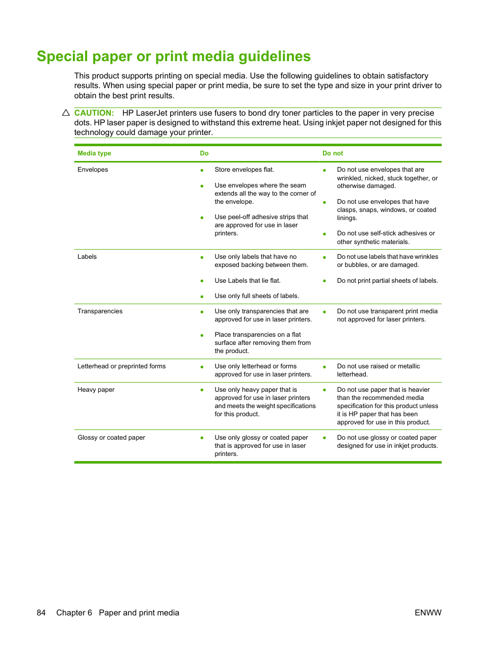 Special paper or print media guidelines | HP LaserJet M9040M9050 Multifunction Printer series User Manual | Page 98 / 288