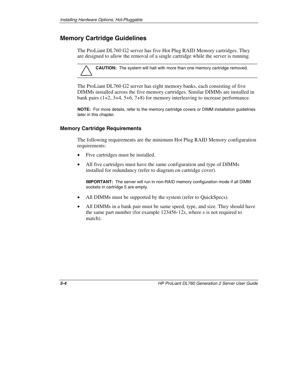 Memory cartridge guidelines, Memory cartridge requirements, Memory cartridge guidelines -4 | HP ProLiant DL760 G2 Server User Manual | Page 119 / 299