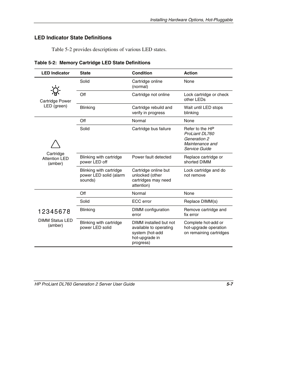 Led indicator state definitions | HP ProLiant DL760 G2 Server User Manual | Page 122 / 299