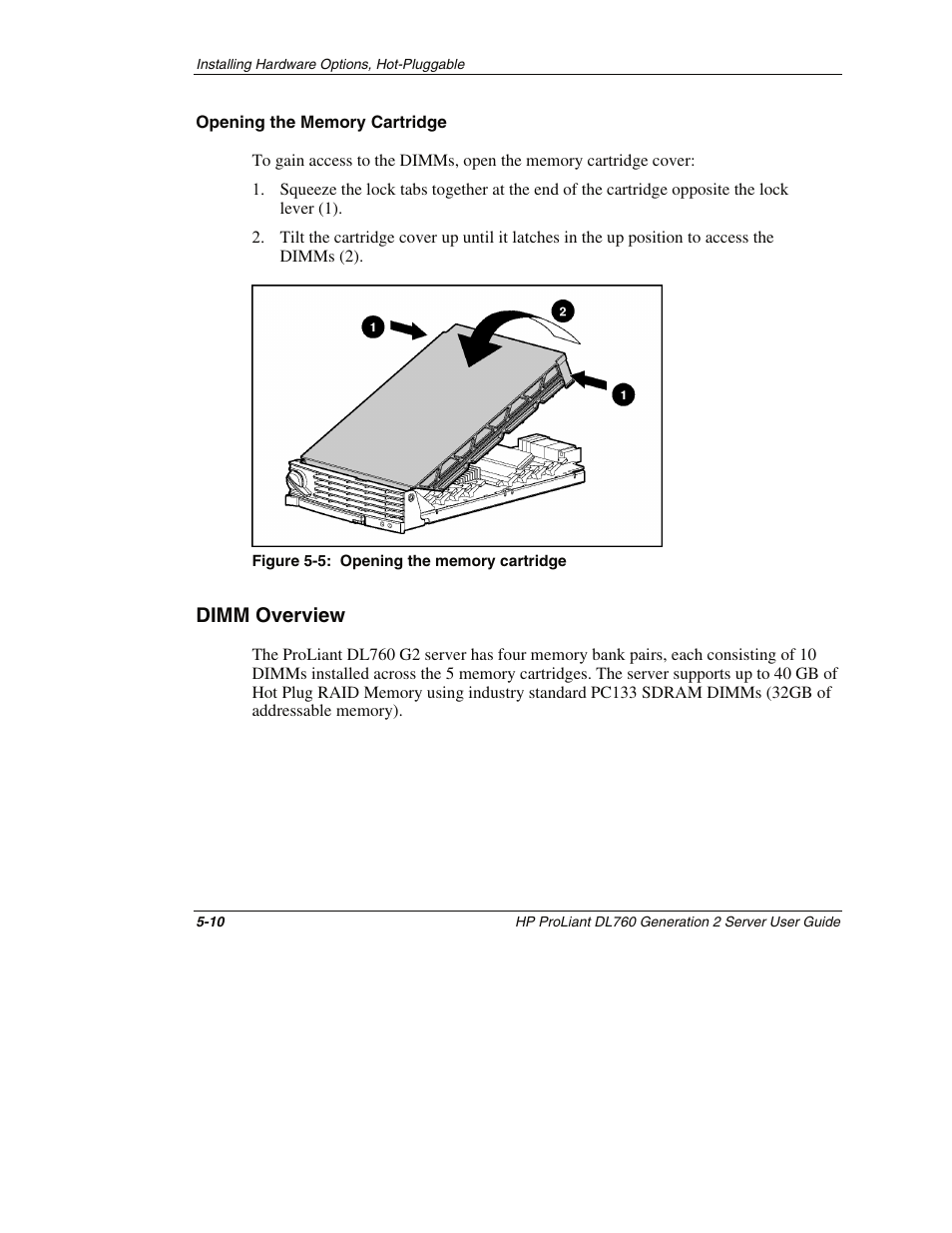 Opening the memory cartridge, Dimm overview, Dimm overview -10 | HP ProLiant DL760 G2 Server User Manual | Page 125 / 299