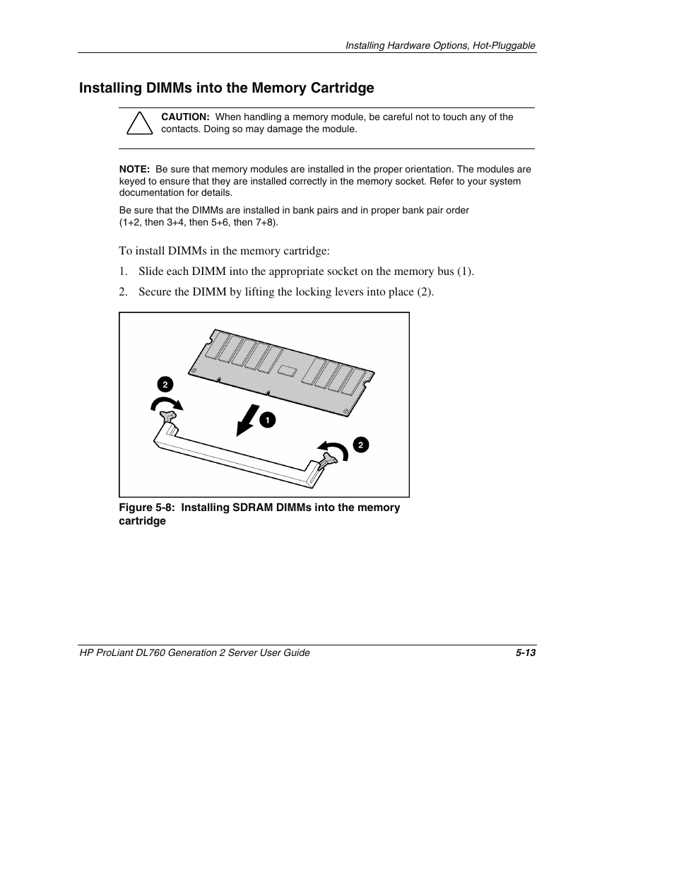 Installing dimms into the memory cartridge, Installing dimms into the memory cartridge -13 | HP ProLiant DL760 G2 Server User Manual | Page 128 / 299