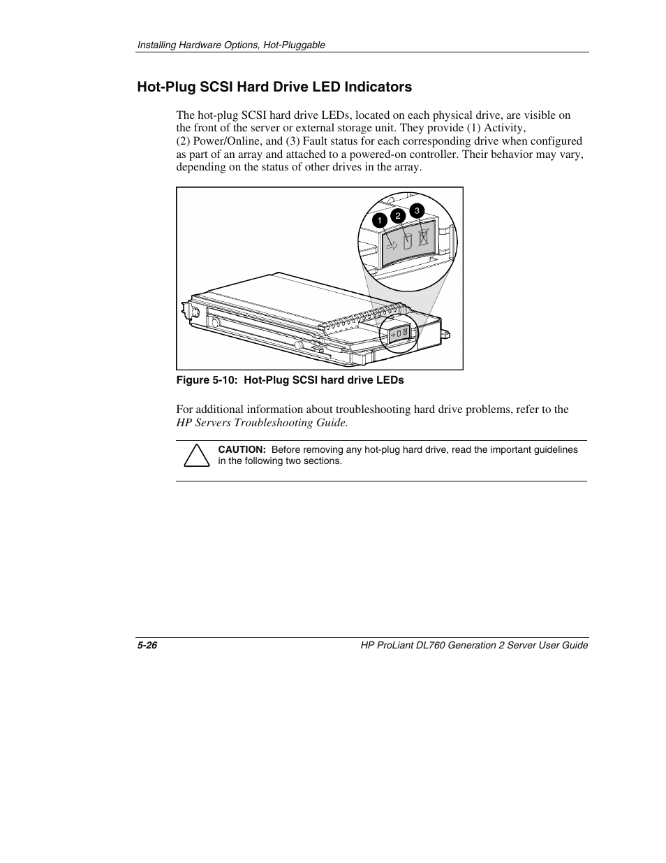 Hot-plug scsi hard drive led indicators, Hot-plug scsi hard drive led indicators -26 | HP ProLiant DL760 G2 Server User Manual | Page 141 / 299