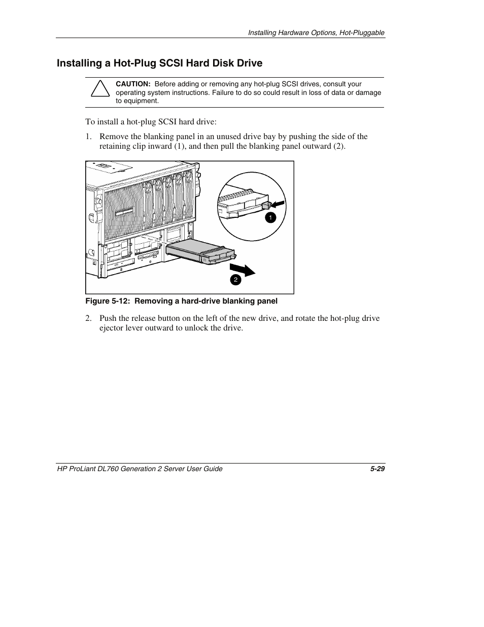 Installing a hot-plug scsi hard disk drive, Installing a hot-plug scsi hard disk drive -29 | HP ProLiant DL760 G2 Server User Manual | Page 144 / 299