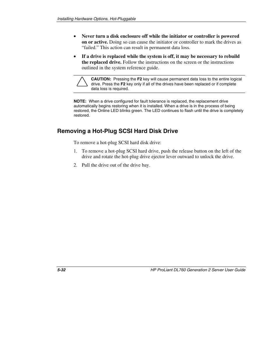 Removing a hot-plug scsi hard disk drive, Removing a hot-plug scsi hard disk drive -32 | HP ProLiant DL760 G2 Server User Manual | Page 147 / 299