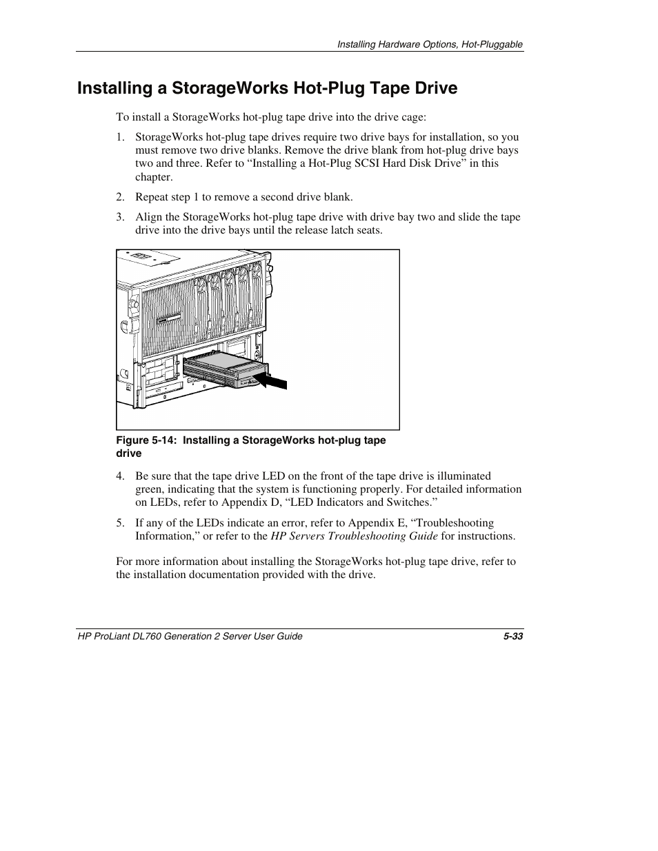 Installing a storageworks hot-plug tape drive, Installing a storageworks hot-plug tape drive -33 | HP ProLiant DL760 G2 Server User Manual | Page 148 / 299