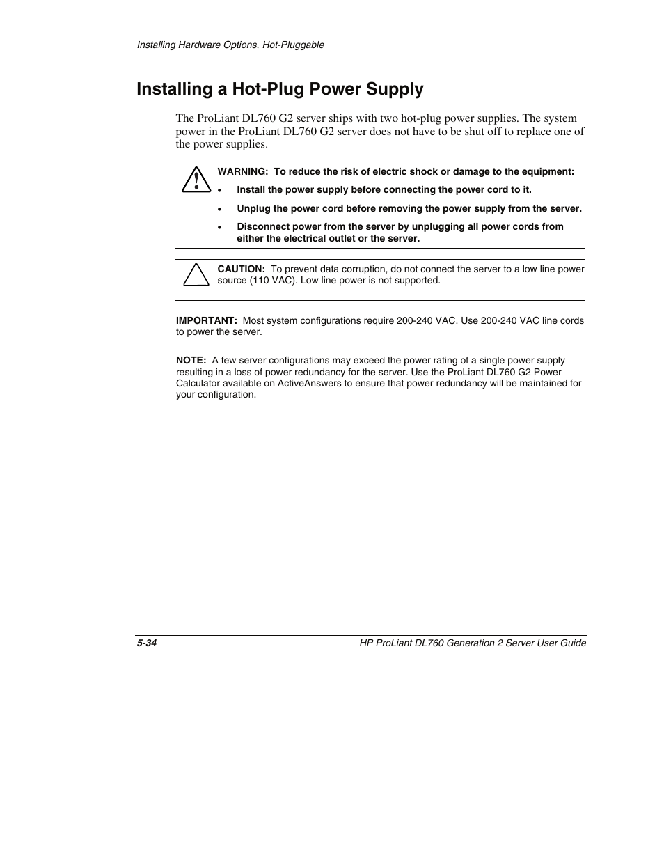 Installing a hot-plug power supply, Installing a hot-plug power supply -34 | HP ProLiant DL760 G2 Server User Manual | Page 149 / 299