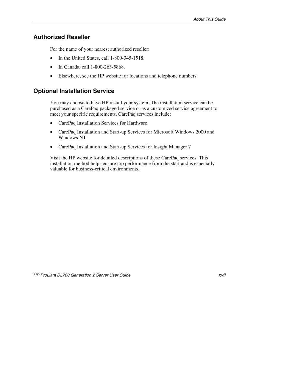 Authorized reseller, Optional installation service | HP ProLiant DL760 G2 Server User Manual | Page 16 / 299