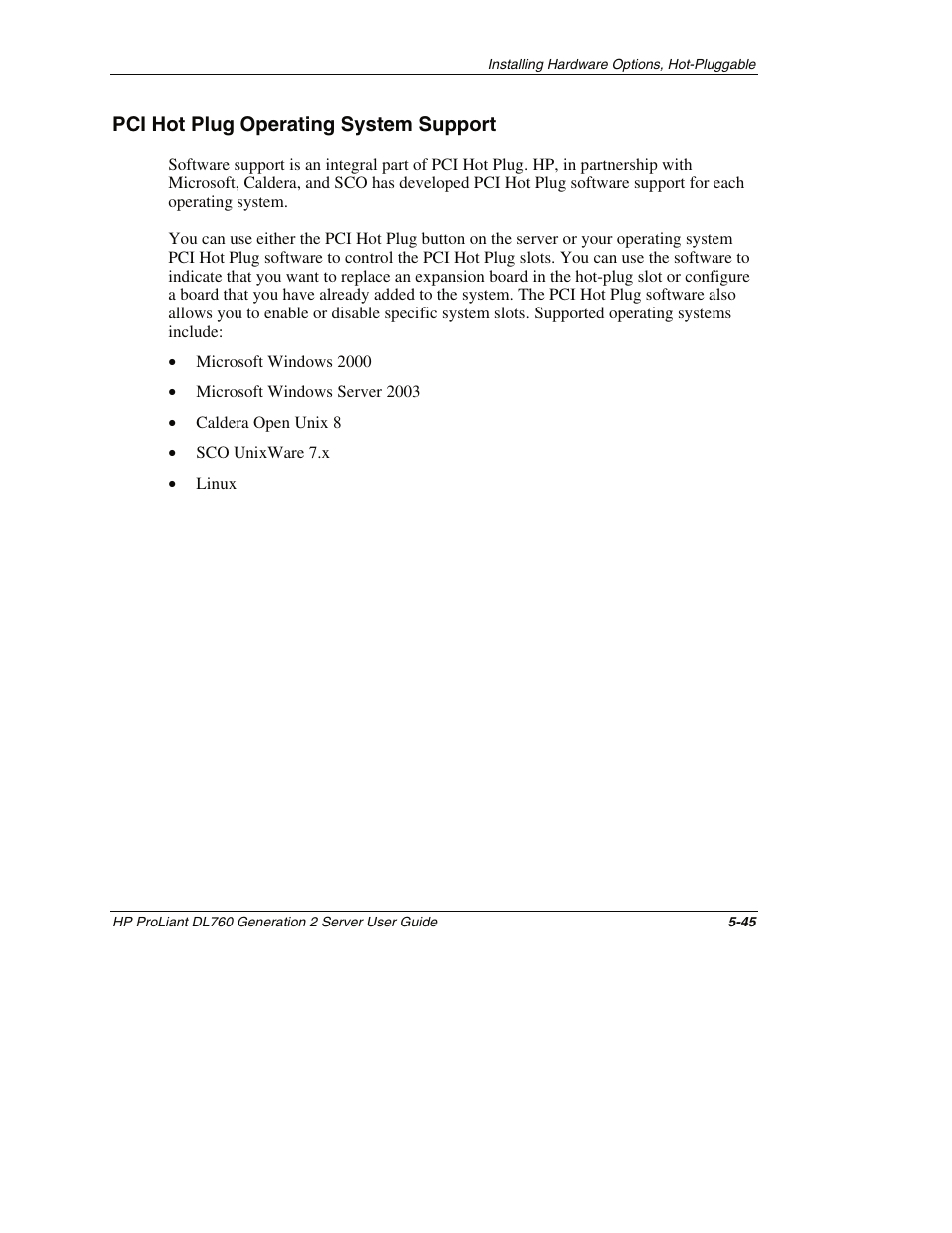 Pci hot plug operating system support, Pci hot plug operating system support -45 | HP ProLiant DL760 G2 Server User Manual | Page 160 / 299