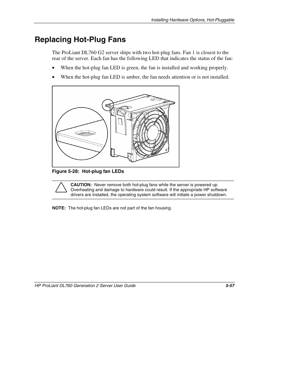 Replacing hot-plug fans, Replacing hot-plug fans -57 | HP ProLiant DL760 G2 Server User Manual | Page 172 / 299