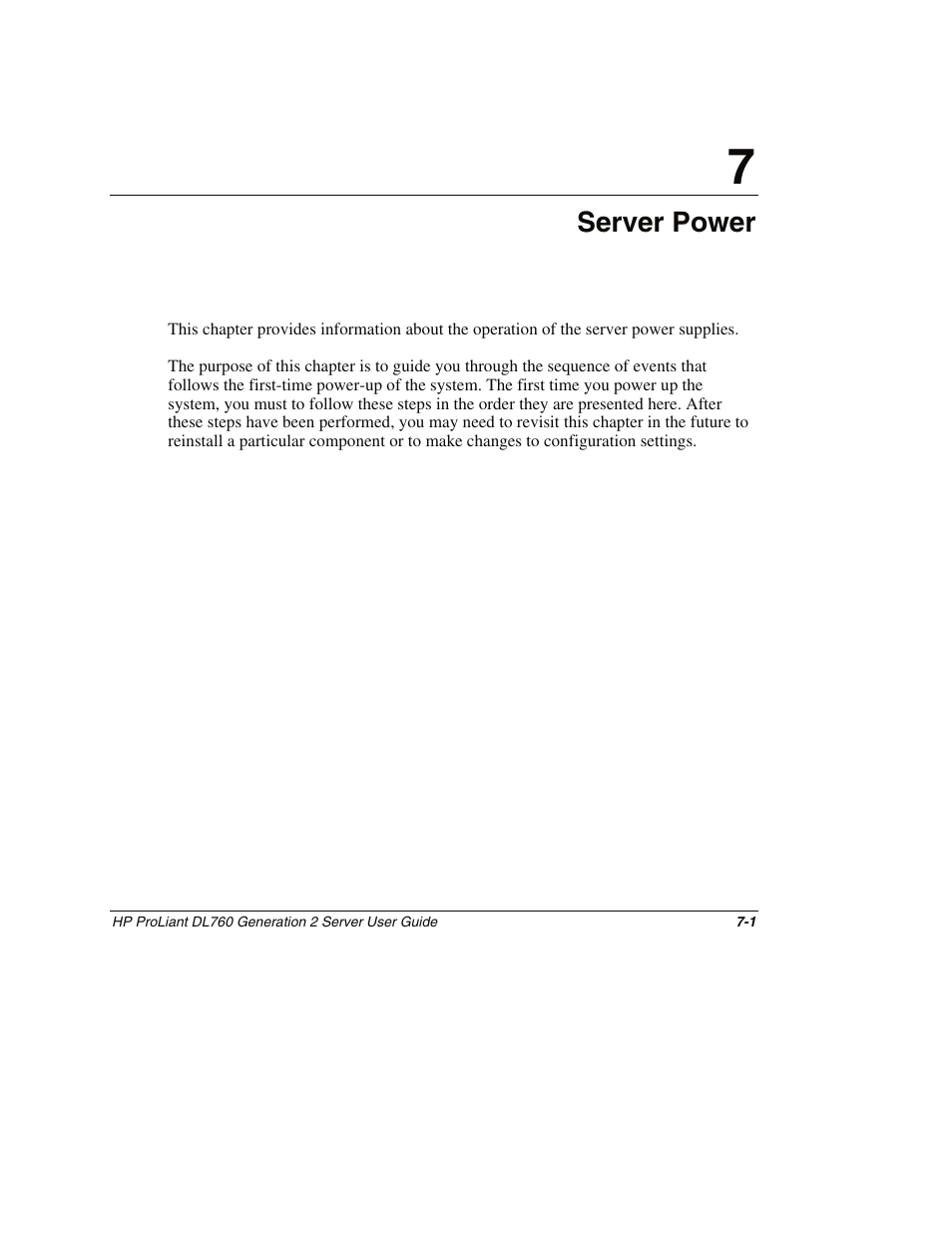 Chapter 7: server power, Chapter 7, Server power | HP ProLiant DL760 G2 Server User Manual | Page 181 / 299