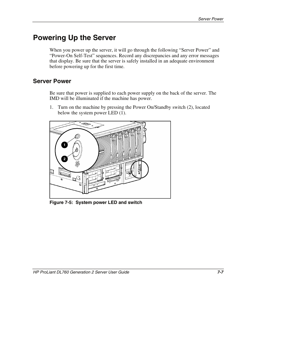 Powering up the server, Server power, Powering up the server -7 | Server power -7 | HP ProLiant DL760 G2 Server User Manual | Page 187 / 299