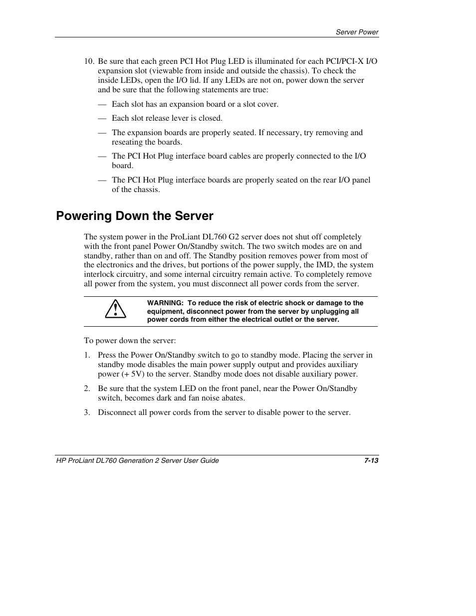Powering down the server, Powering down the server -13 | HP ProLiant DL760 G2 Server User Manual | Page 193 / 299