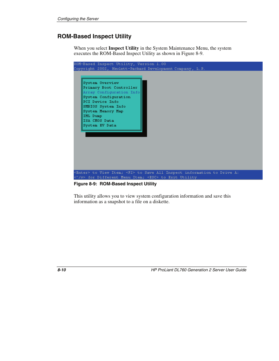 Rom-based inspect utility, Rom-based inspect utility -10 | HP ProLiant DL760 G2 Server User Manual | Page 203 / 299