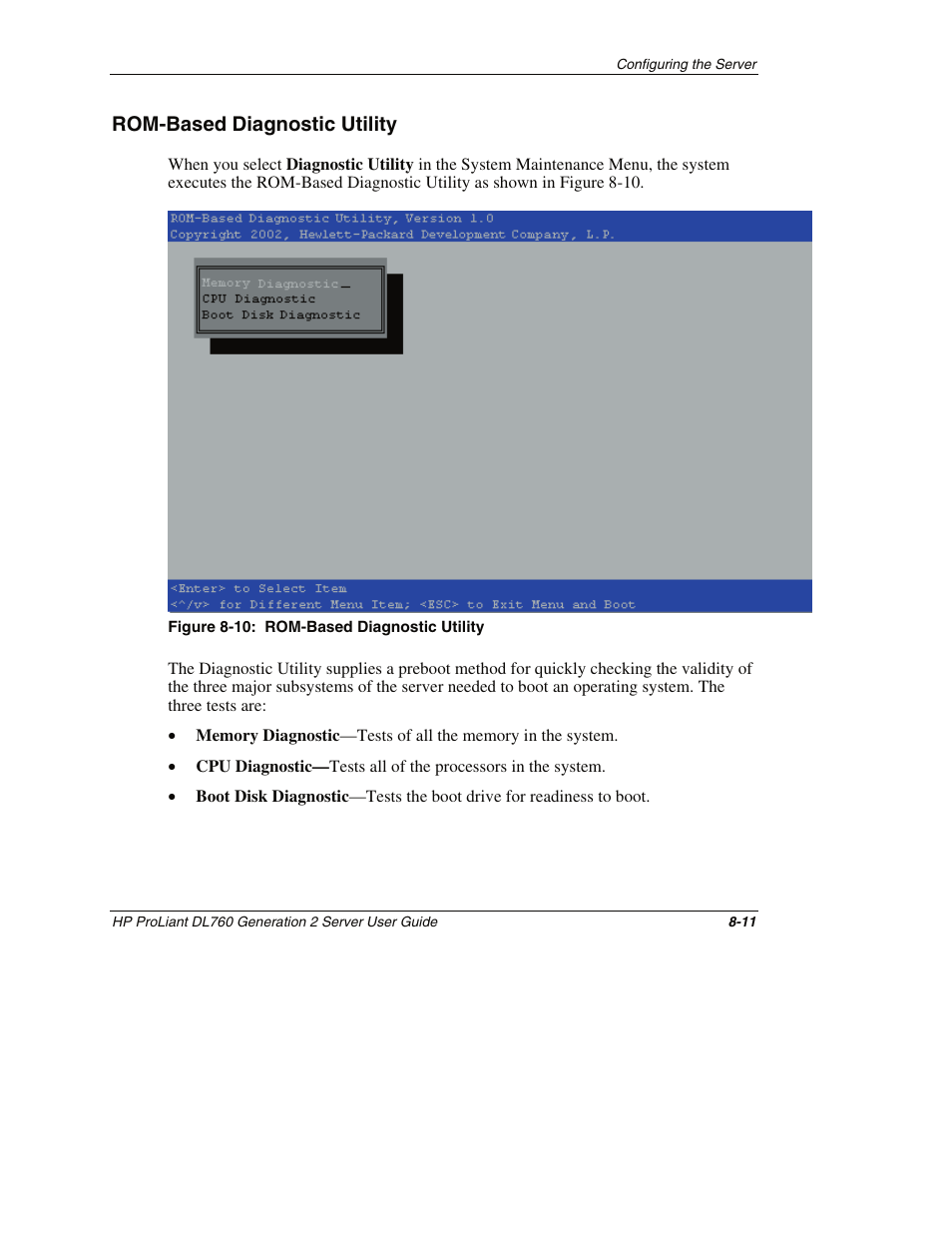 Rom-based diagnostic utility, Rom-based diagnostic utility -11 | HP ProLiant DL760 G2 Server User Manual | Page 204 / 299