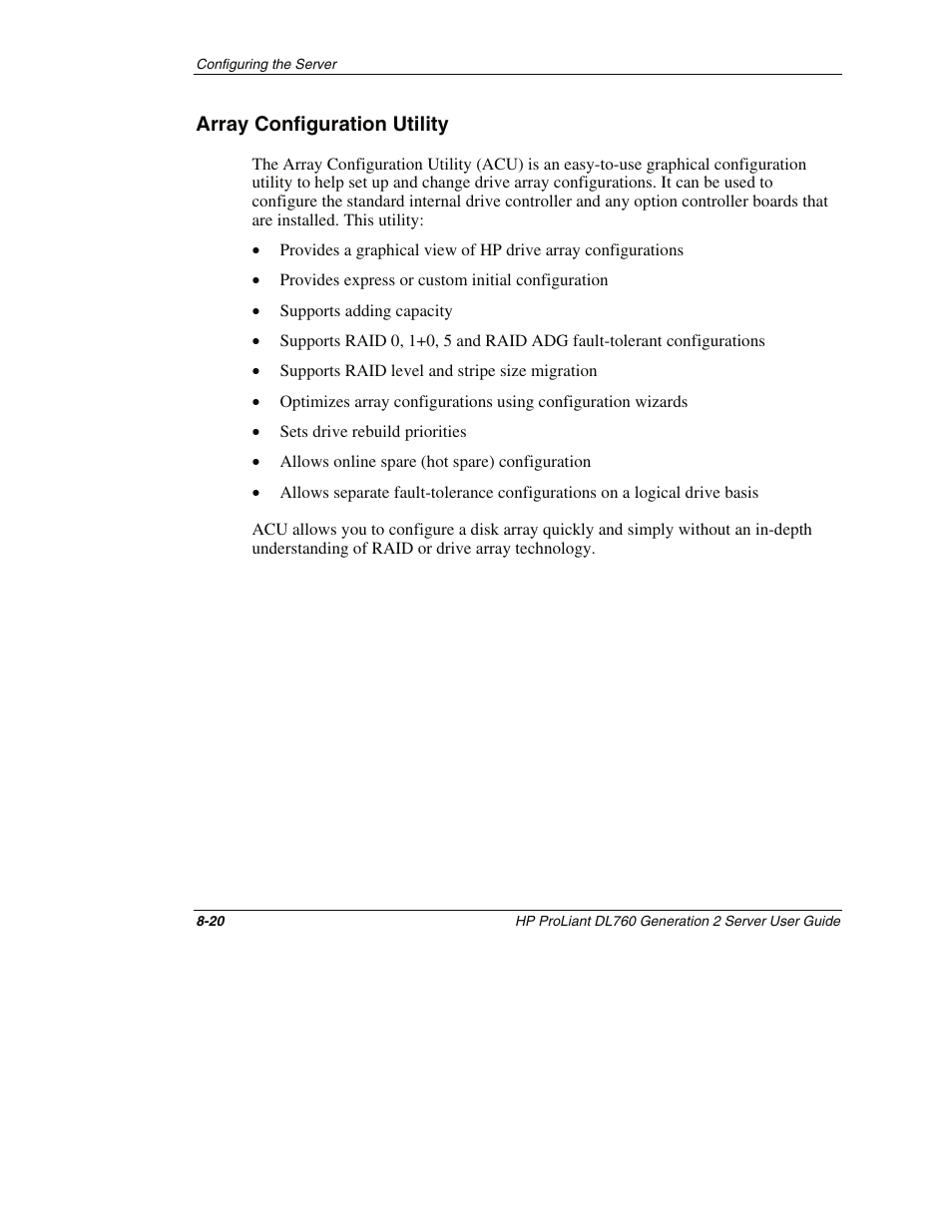 Array configuration utility, Array configuration utility -20 | HP ProLiant DL760 G2 Server User Manual | Page 213 / 299