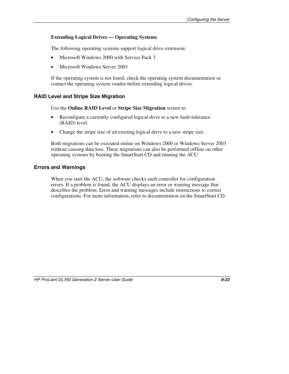 Raid level and stripe size migration, Errors and warnings | HP ProLiant DL760 G2 Server User Manual | Page 216 / 299