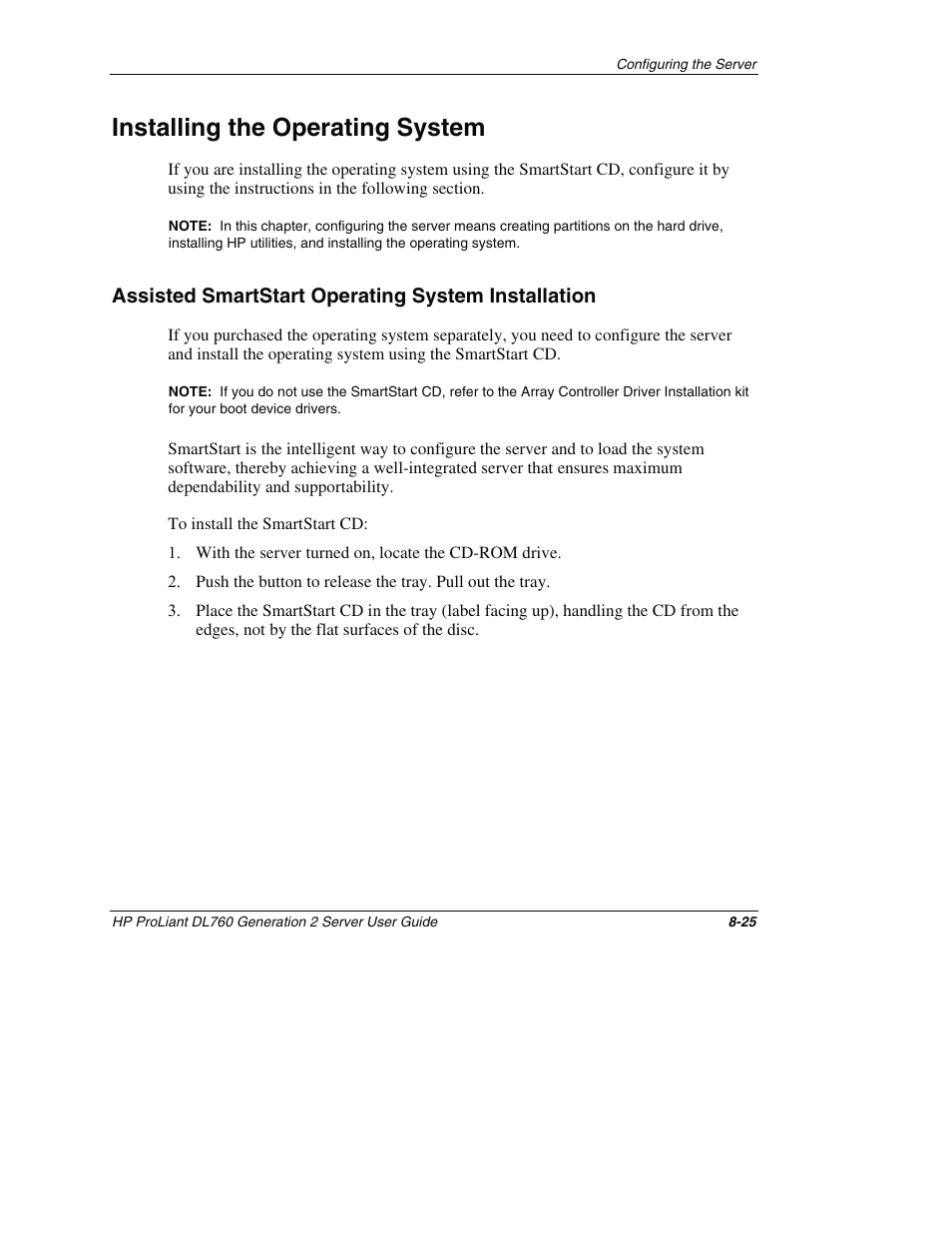 Installing the operating system, Assisted smartstart operating system installation, Installing the operating system -25 | HP ProLiant DL760 G2 Server User Manual | Page 218 / 299