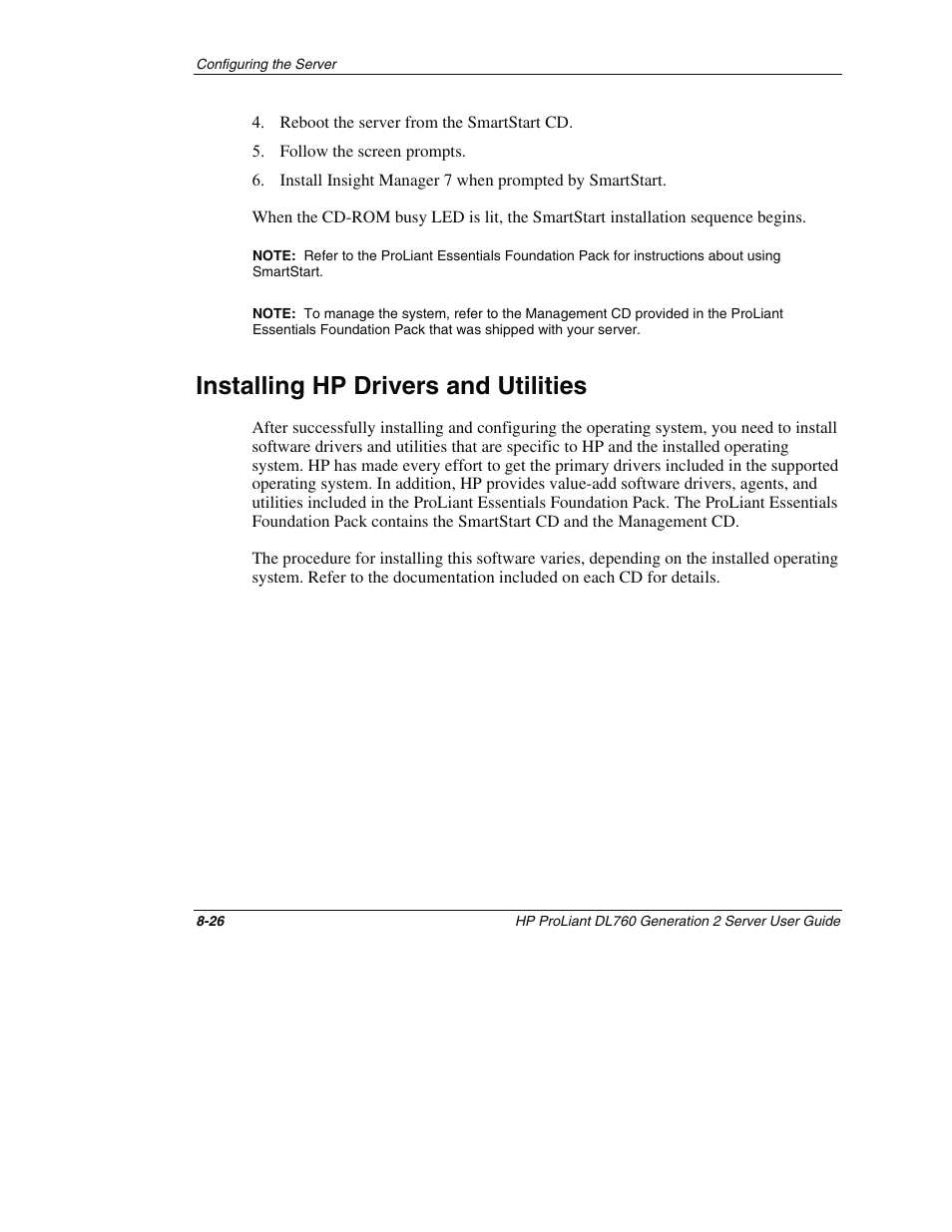 Installing hp drivers and utilities, Installing hp drivers and utilities -26 | HP ProLiant DL760 G2 Server User Manual | Page 219 / 299