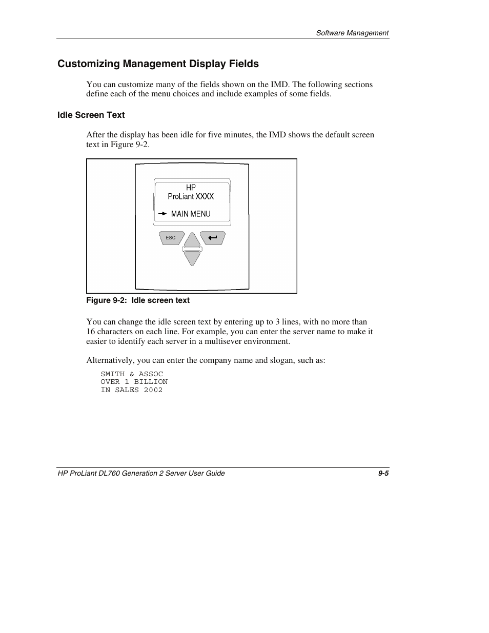 Customizing management display fields, Idle screen text, Customizing management display fields -5 | HP ProLiant DL760 G2 Server User Manual | Page 224 / 299