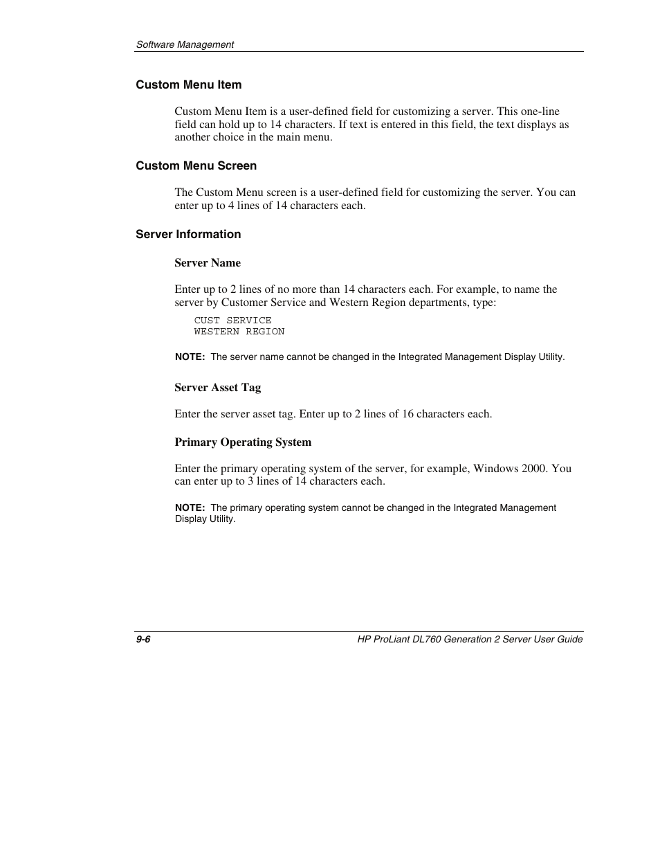 Custom menu item, Custom menu screen, Server information | HP ProLiant DL760 G2 Server User Manual | Page 225 / 299