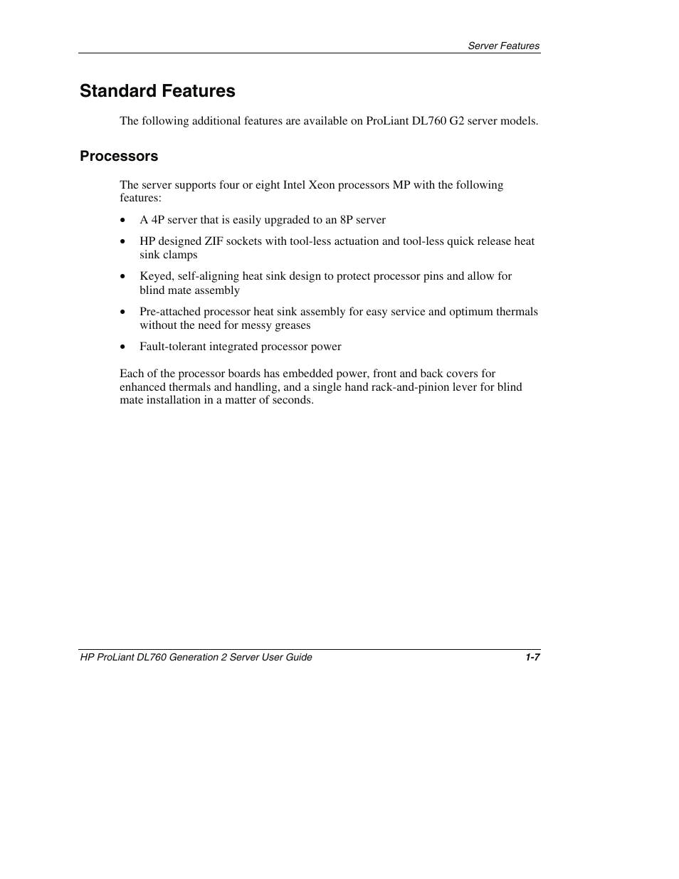 Standard features, Processors, Standard features -7 | Processors -7 | HP ProLiant DL760 G2 Server User Manual | Page 24 / 299