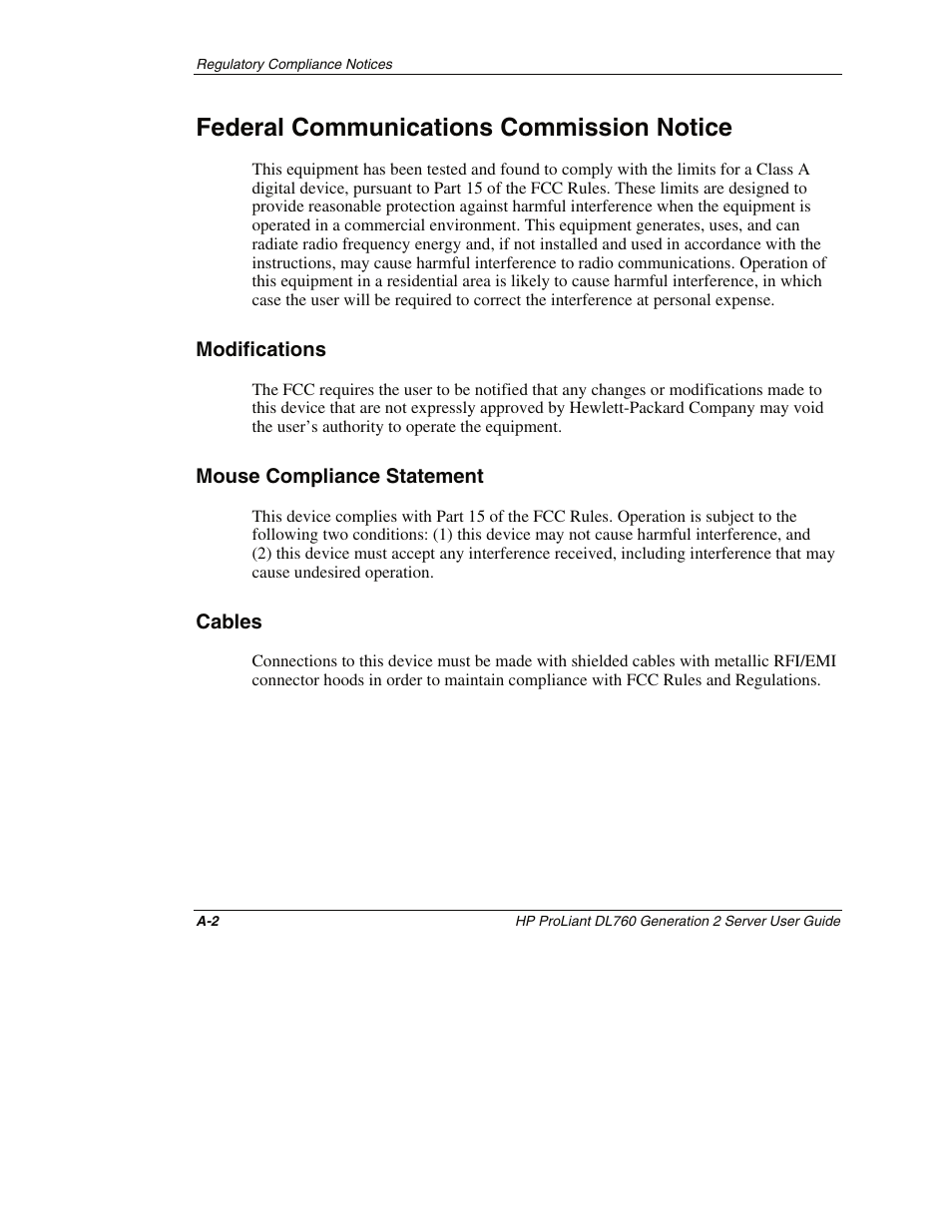 Federal communications commission notice, Modifications, Mouse compliance statement | Cables | HP ProLiant DL760 G2 Server User Manual | Page 245 / 299