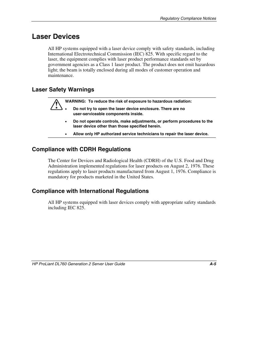 Laser devices, Laser safety warnings, Compliance with cdrh regulations | Compliance with international regulations | HP ProLiant DL760 G2 Server User Manual | Page 248 / 299