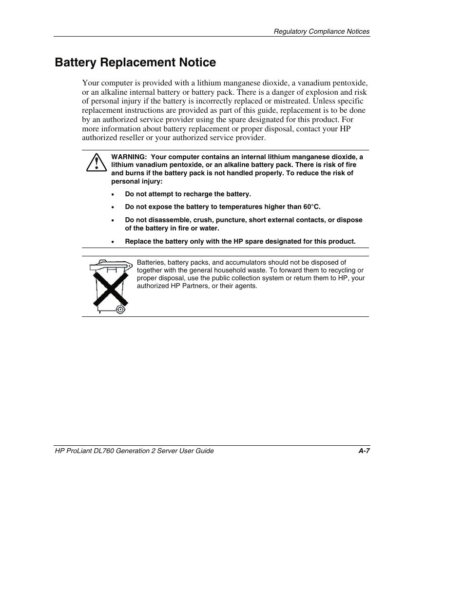 Battery replacement notice | HP ProLiant DL760 G2 Server User Manual | Page 250 / 299