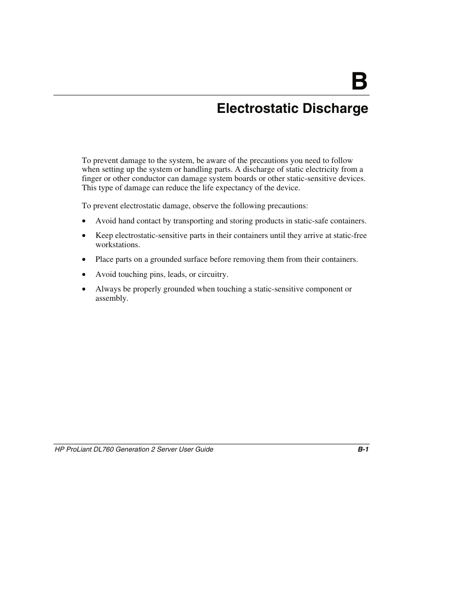 Appendix b: electrostatic discharge, Appendix b, Electrostatic discharge | HP ProLiant DL760 G2 Server User Manual | Page 251 / 299