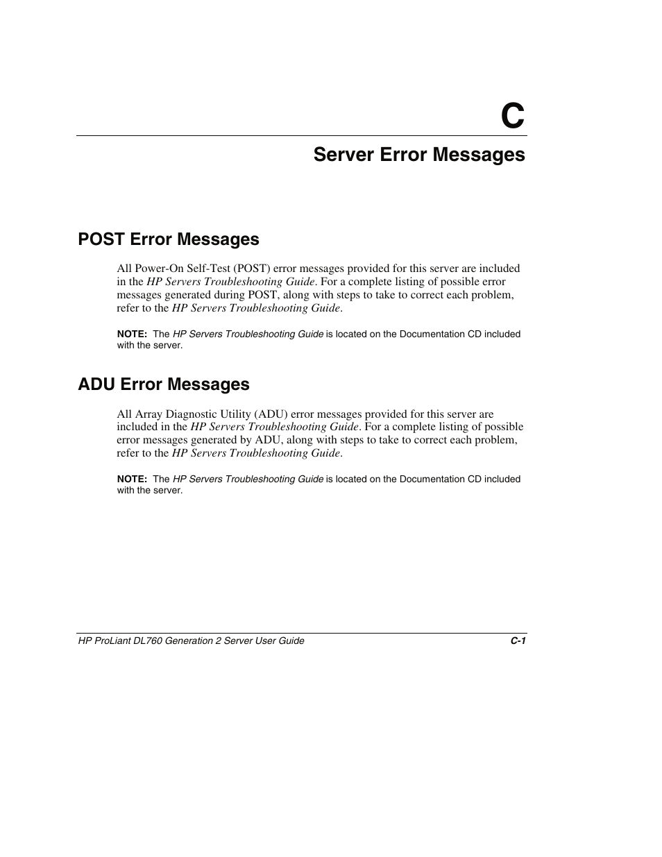 Appendix c: server error messages, Post error messages, Adu error messages | Appendix c, Server error messages | HP ProLiant DL760 G2 Server User Manual | Page 253 / 299