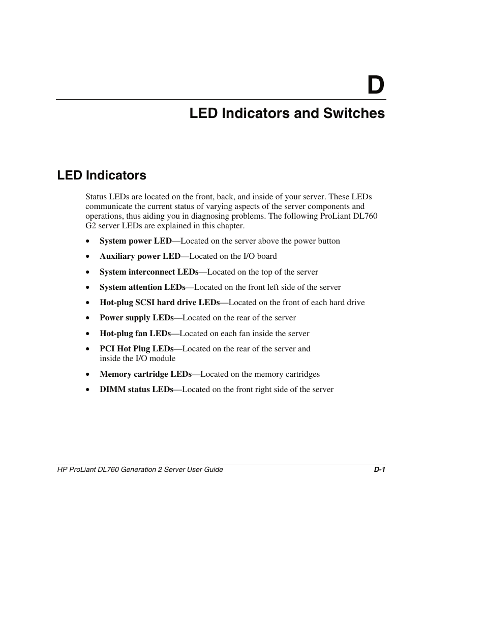 Appendix d: led indicators and switches, Led indicators, Appendix d | Led indicators and switches | HP ProLiant DL760 G2 Server User Manual | Page 254 / 299