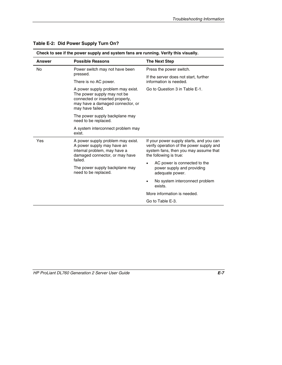 If no, refer to table e-2 for de | HP ProLiant DL760 G2 Server User Manual | Page 275 / 299