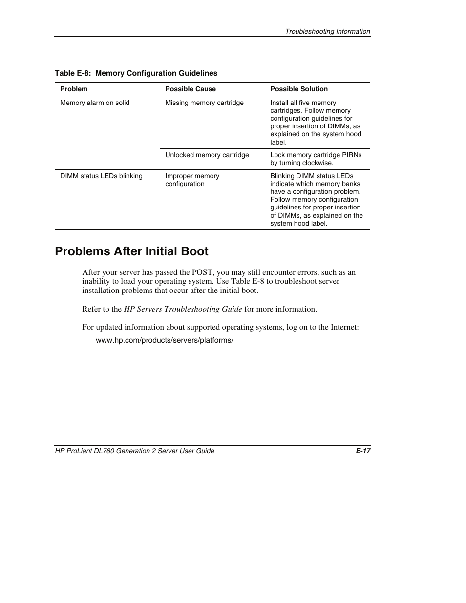 Problems after initial boot, Table e-8, System. refer to table e-8 | HP ProLiant DL760 G2 Server User Manual | Page 285 / 299