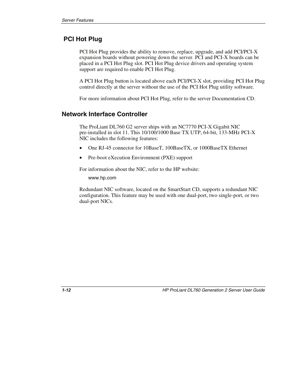 Pci hot plug, Network interface controller, Pci hot plug -12 | Network interface controller -12 | HP ProLiant DL760 G2 Server User Manual | Page 29 / 299