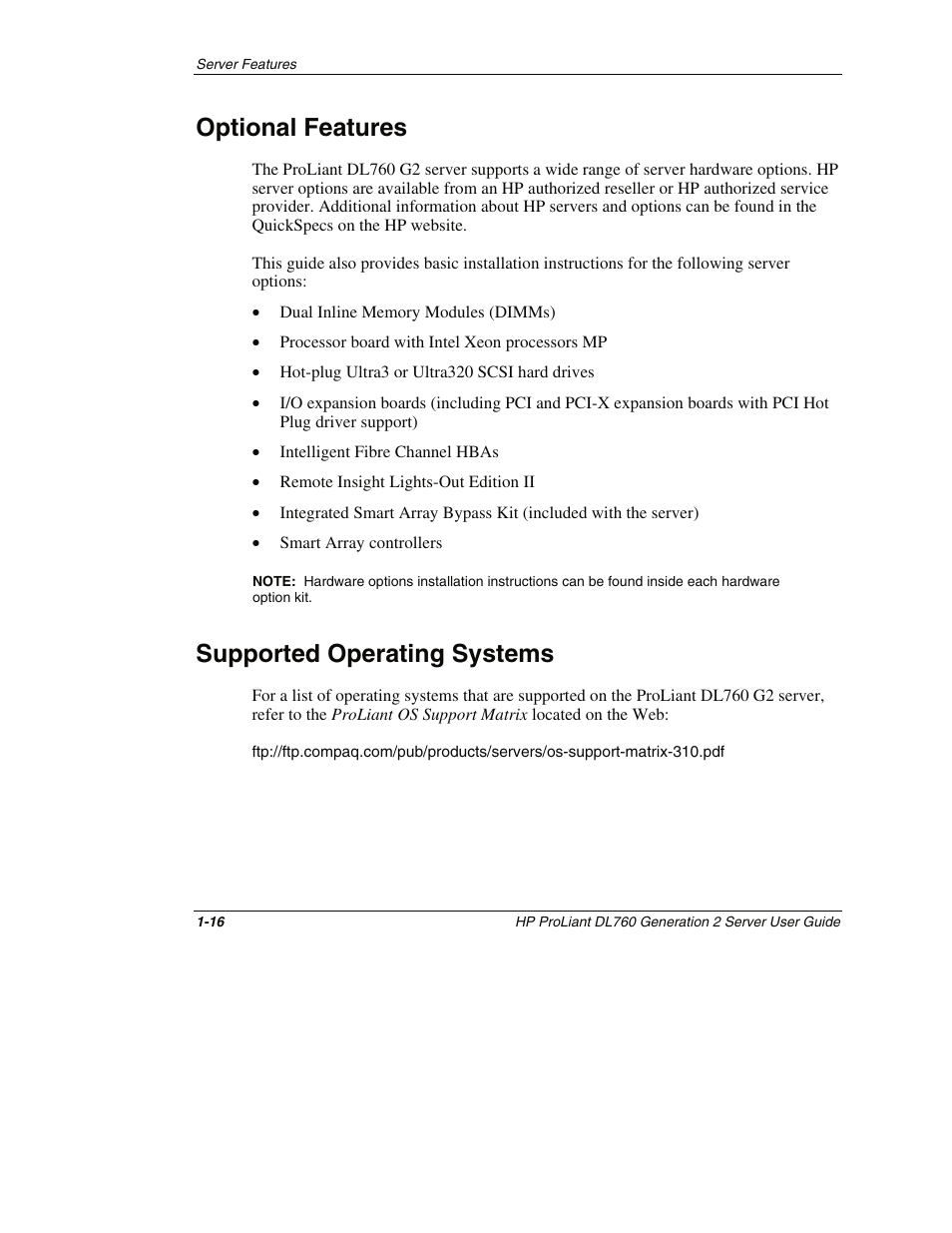 Optional features, Supported operating systems, Optional features -16 | Supported operating systems -16 | HP ProLiant DL760 G2 Server User Manual | Page 33 / 299